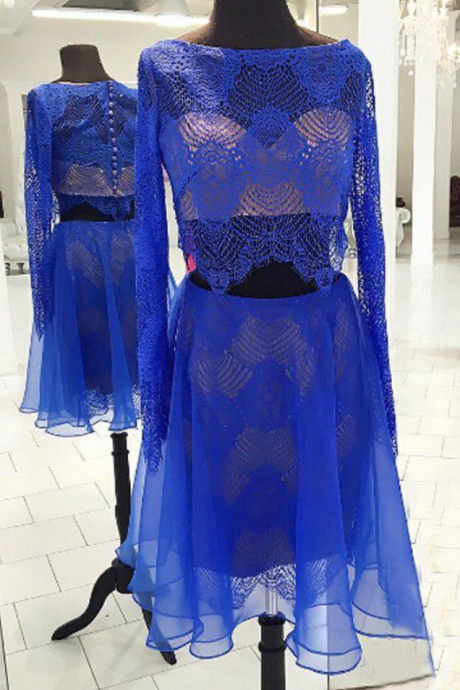 Homecoming Dresses Royal Blue Long Sleeves Organza Zippers Lace Above Knee Bateau A Line