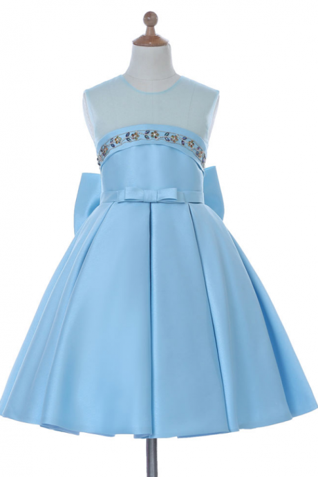 Faisata Silk Satin Mint Blue A-line Pleat Big Girls Sheer Neckline Tea Length Flower Girl Dress