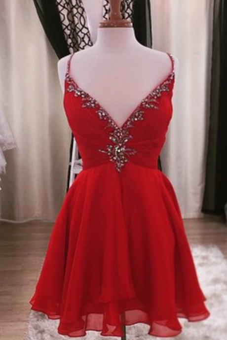 Elegant V Neck Short Red Chiffon Homecoming Dresses With Beads,short Prom Dress