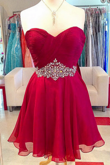 Elegant A-line Sweetheart Chiffon Short Red Homecoming/prom Dress With Beading