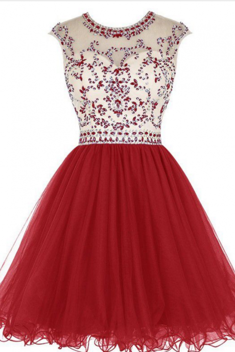 Homecoming Dresses Dark Red Capped Sleeves Tulle Zippers Beaded Short Jewels A-Line/Column