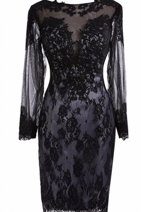Real Photos Black Lace Short Homecoming Dresses See Through Back Full Sleeves Formal Women's Prom Party Gowns Vestido de Festa 