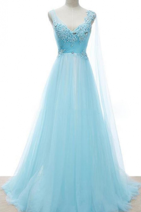 Charming Homecoming Dress,elegant Long Homecoming Dresses,appliques Blue Prom Dress,sleeveless Tulle Evening Formal Dress