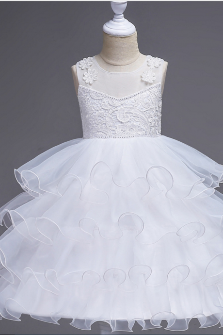 Teens Lace Flower Girl Dress Ruffles Children Wedding Bridesmaid Pageant Formal Party Wear Kids Clothes Off White