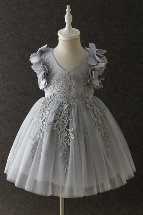 Infant Baby Birthday Party Formal Wedding Flower Girl Dress Baptism Toddler Princess Lace Kids Children Clothes Gray