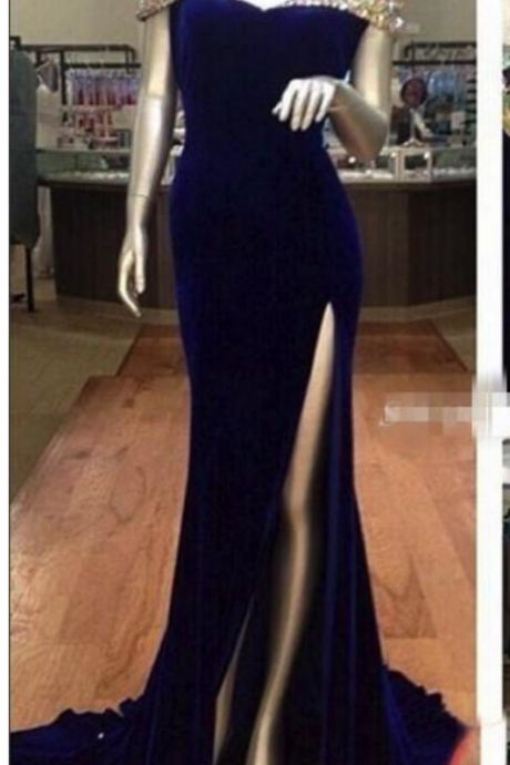 Real Photos Long Royal Blue Velvet Evening Dresses Off-shoulder Beadds/Crystal Pageant Dress Side Split Backless Prom Gowns 