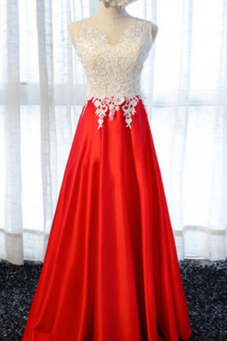Red Satin White Lace Bodice Long Party Dresses, Formal Dresses, Evening Gowns, Prom Dress