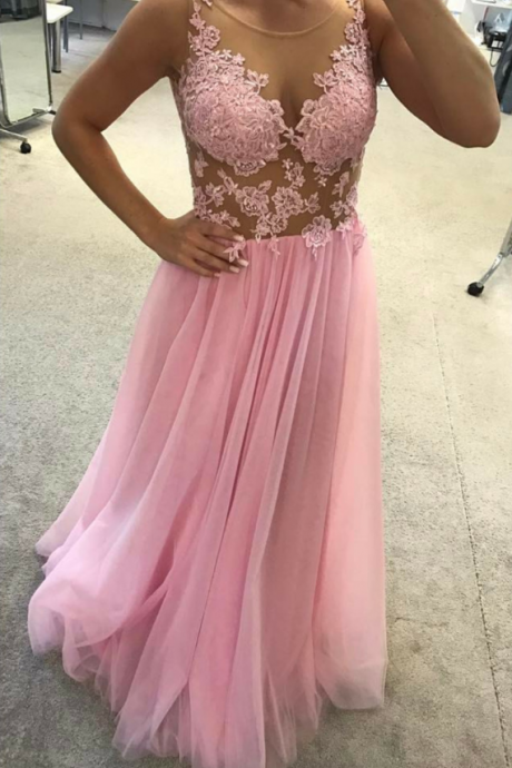 Tulle And Lace Floor Length Round Neckline Party Dresses, Pink Prom Dresses, Pretty Formal Dresses