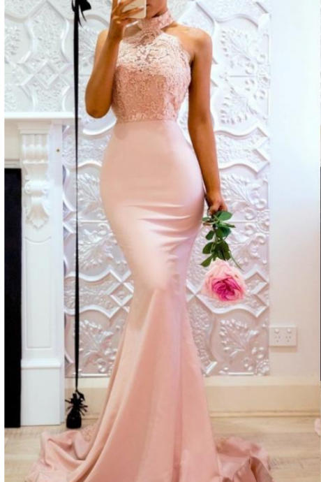 Pink Long High Neck Mermaid Lace Evening Dresses Open Back Applique Sweep Train Maid Of Honor Party Dress For Bridesmaid Prom Dress