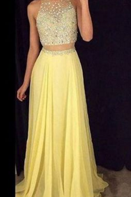 Yellow Long Prom Dress,elegant A-line 2 Pieces Long Prom Gown,graduation Dress,formal Dress