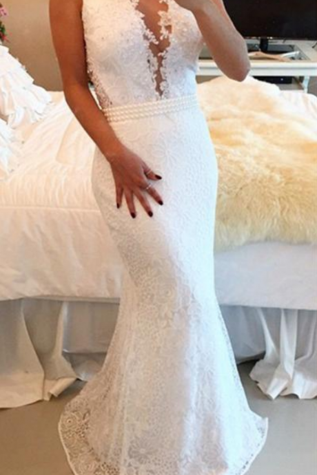 Sexy White Colour Prom Dress Mermaid Sleeveless Long Lace Beaded Formal Wear Party Gown Custom Made Plus Size