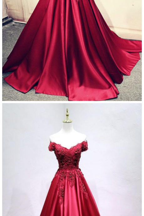 Burgundy Lace Off Shoulder Long Prom Dress, Lace Evening Dress