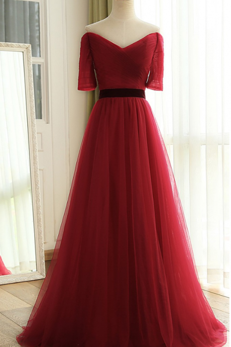 Simple Burgundy A-line Tulle Prom Dress,evening Dresses ,formal Gowns,banquet Dress,party Gowns,