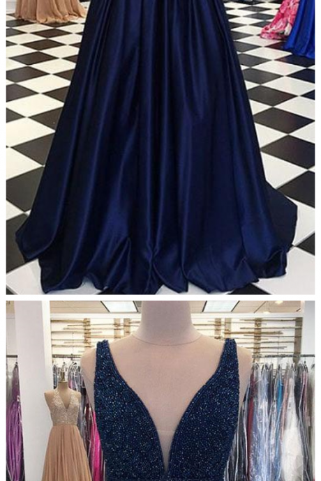 Dark Blue V Neck Long Prom Prom Dress, Formal Dress P1709
