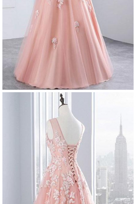 Custom Made Pink Sleeveless V-neckline Tulle Floor Length Evening Dress, Prom Dress With Lace Applique