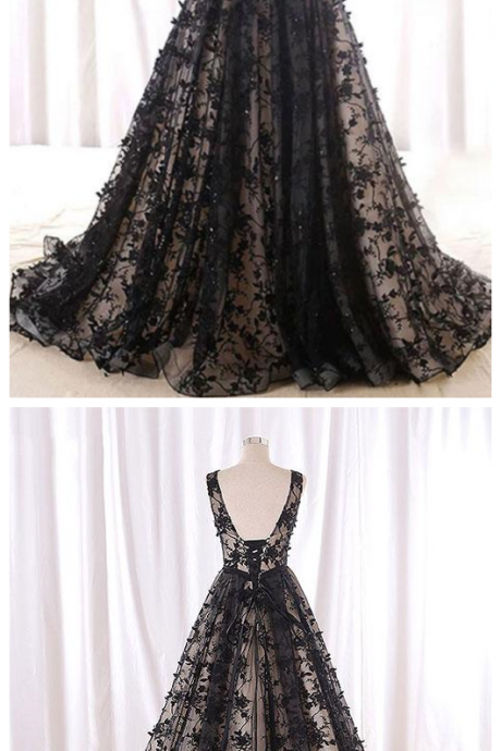 Prom Dresses, Black Round Neck Tulle Long Prom Dress, Black Evening Dress P1716