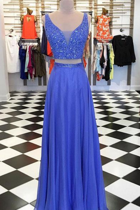 Stylish Two-piece V-neck Blue Chiffon Long Prom ,evening Dress With Beading