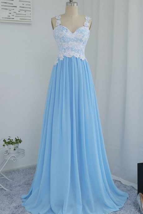 Blue Chiffon And Lace Long Party Dresses, Pretty Prom Dresses, Junior Party Dresses