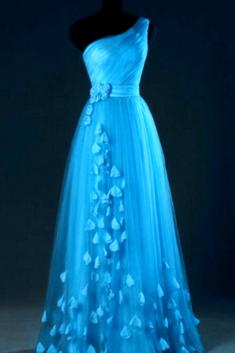 Blue One Shoulder Tulle Party Dress With Floral Detail, Elegant Evening Dress, Wedding Party Dresses