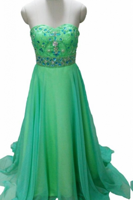  Elegant Green Prom Dresses A line Sweetheart Crystals Beading Long Chiffon Formal Party Dresses Graduation Gown Wedding Party Dress