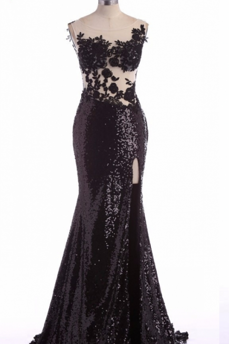 Sexy Black Lace Evening Dress Women Mermaid Sequin Gown Side Slit Prom Party Dress Formal Dresses