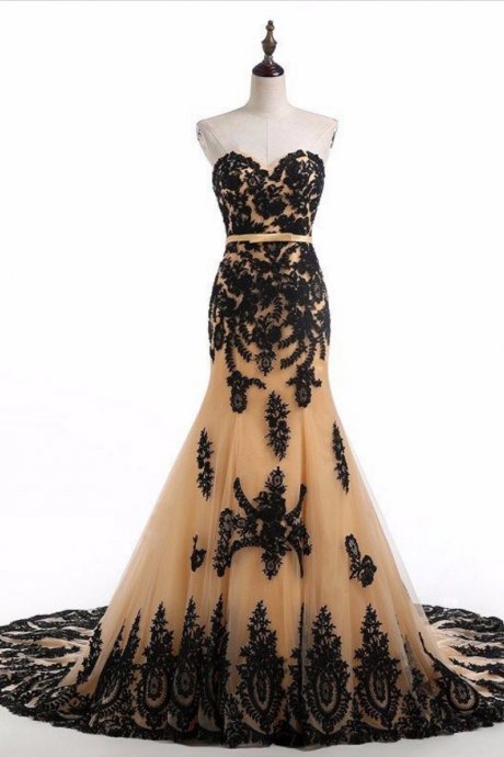 Champagne Long Tulle Mermaid Formal Dress Featuring Lace Applique Bodice And Lace-up Back,long Elegant Prom Dresses