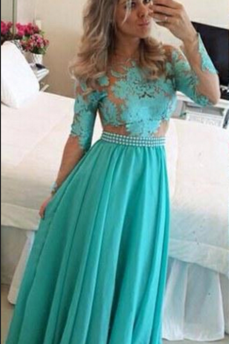 A-line Long Sleeves Lace Prom Dresses Chiffon Long Evening Gowns With Beadings