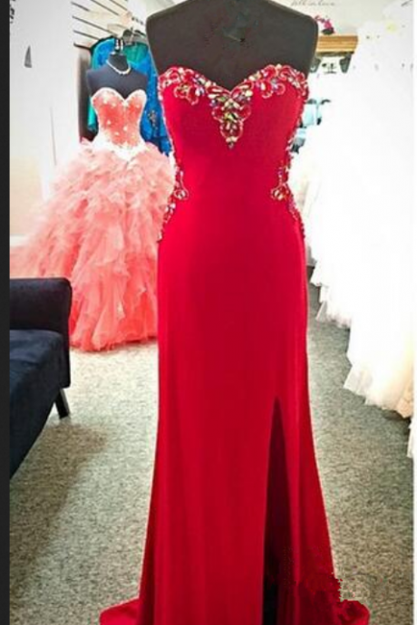  Gorgeous Red Fitted Sweetheart Side Slit Prom Dress With Cut Out Back