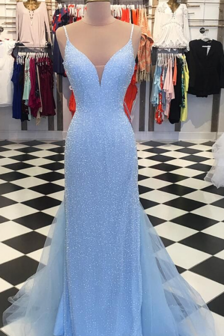 Exquisite Light Blue Prom Dress,spaghetti Straps Long Evening Dress,v-neck Sleeveless Party Dress