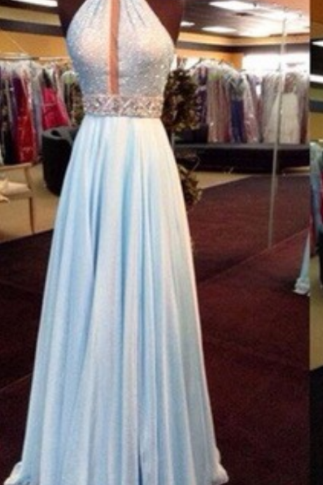  Stunning baby blue chiffon O-neck long handmade sequins and beaded prom dress, A-line plus size homecoming dresses