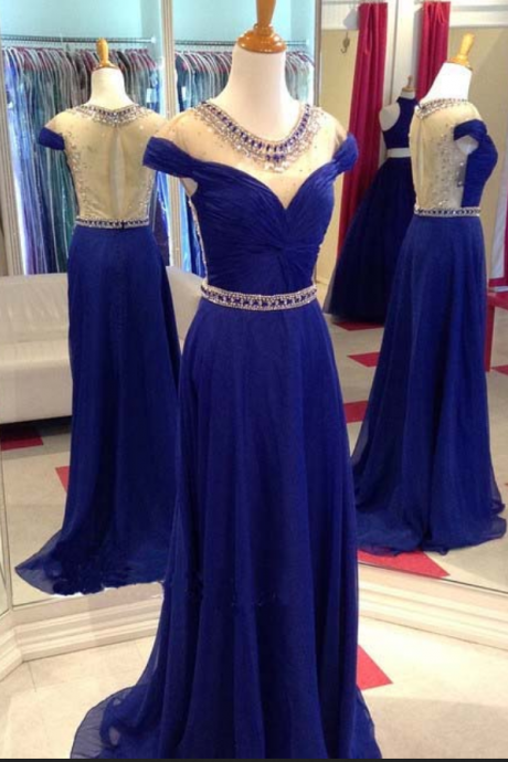 Blue V-neck Transparent Evening Gown.