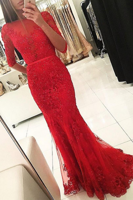Red Evening Dress, Long Sleeve Evening Dress, Lace Evening Dress, Mermaid Evening Dress, Peals Evening Dress, Evening Dress