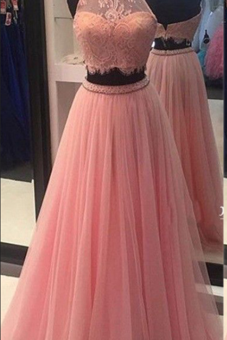Two Piece Prom Dresses, Lace Prom Dresses, Pink Prom Dress, Fashion Prom Dress, Pink Evening Dresses, Lace Prom Dress