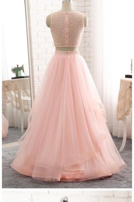 Charming Pink Two Piece Beaded Sequins Prom Dress,scoop Neck Sleeveless Floor Length Prom Dresses, Homecoming Dresses