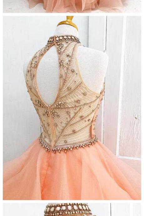 Long Prom Dress Ball Gown Halter High Neck Beaded Bodice Organza Quinceanera Dresses