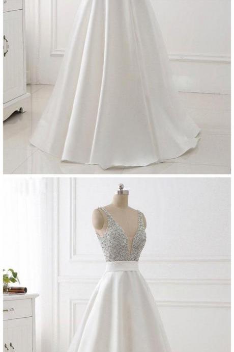 A-line V-neck Beaded Top Ivory Satin Long Prom/pageant Dresses