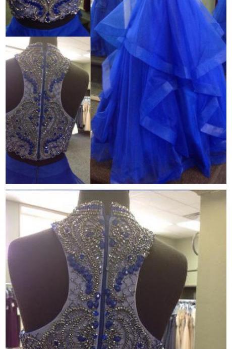 Prom Dress Ball Gown Royal Blue Beaded Top Two Piece Prom Dresses
