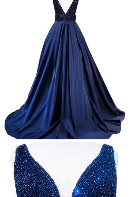 A-line V-neck Beaded Bodice Formal Dress Navy Blue Satin Long Prom Dresses