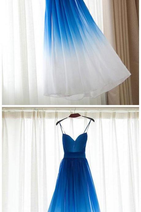 Spaghetti Strap Royal Blue Ombre Long Bridesmaid Dresses
