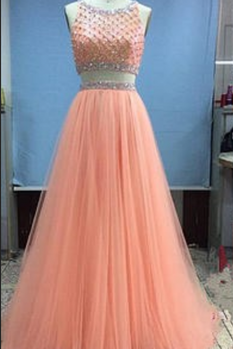 Charming Elegant Two Piece Prom Dresses,coral Prom Dress, Floor Length Party Dresses