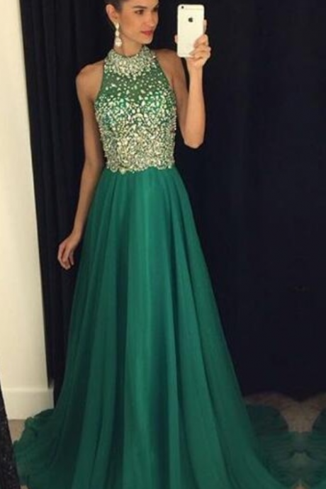 Green Prom Dress,charming Prom Dresses,halter Beads Chiffon Evening Dresses,a-line Sleeveless Formal Dress,elegant Prom Dress