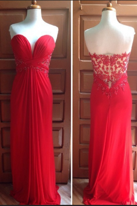 Sweetheart Simple Red Chiffon Beaded Zipper Up Prom Dress/evening Dress