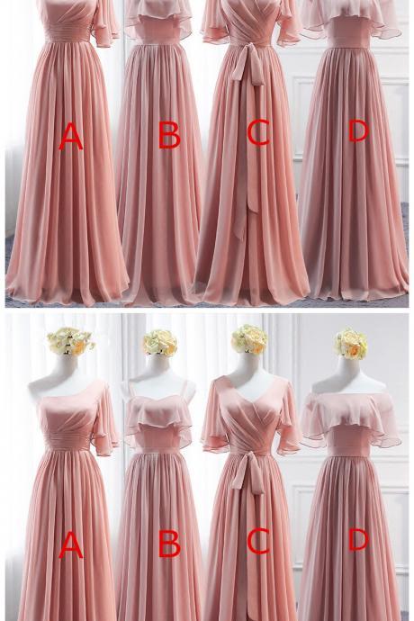 Pink Long Chiffon Bridesmaid Dress,mismatched Wedding Party Dresses, Cute Formal Dress, Chiffon Long Gowns