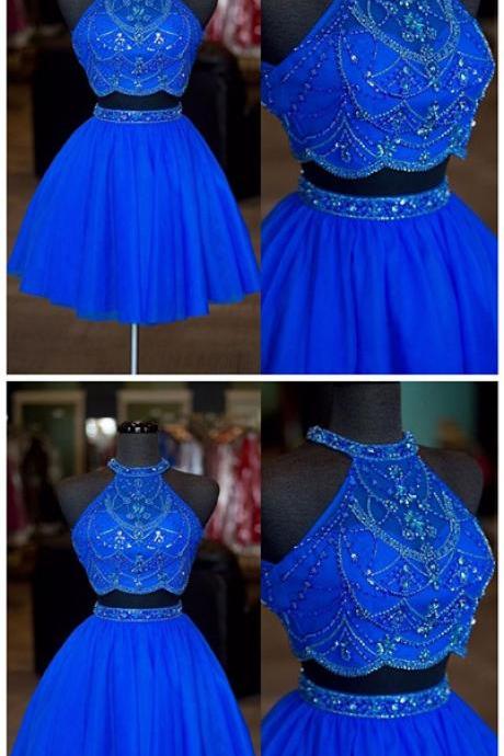 Real Photos Halter Neck Beaded Rhinestone Two Pieces Homecoming Dresses Sexy Backless A Line Tulle Short Prom Dresses