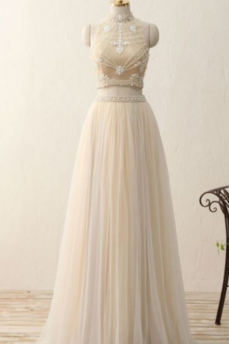 Two Piece Champagne Prom Dresses Wedding Party Dresses Formal Gowns Sweet Dresses