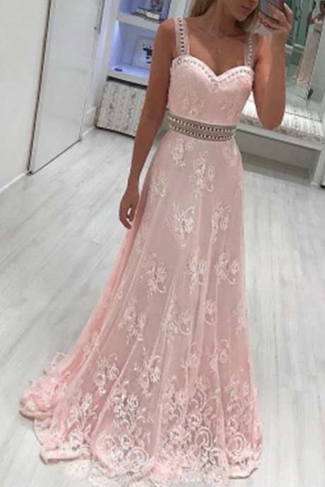 Sexy Spaghetti Straps A Line Lace Pink Prom Dresses For Junior, Long Evening Dress