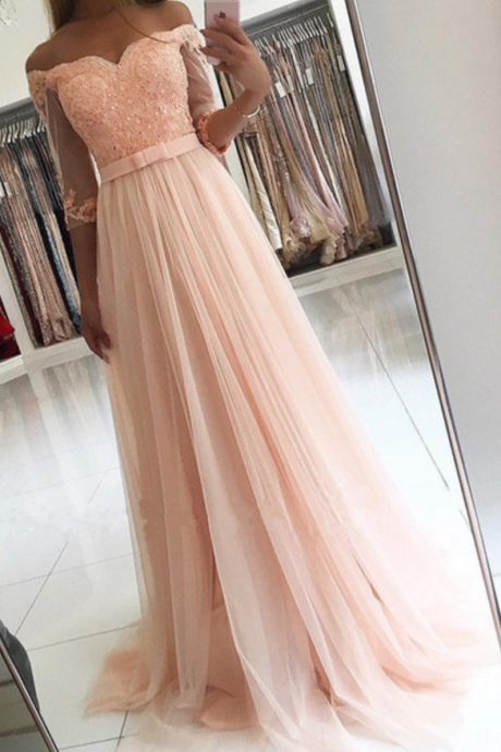 Charming Appliques Pink Prom Dress, Elegant Homecoming Dress, Long Prom Dresses With Sleeve