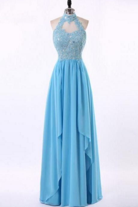 Halter Prom Dress,blue Prom Dress,appliques Prom Dress,chiffon Prom Dresses