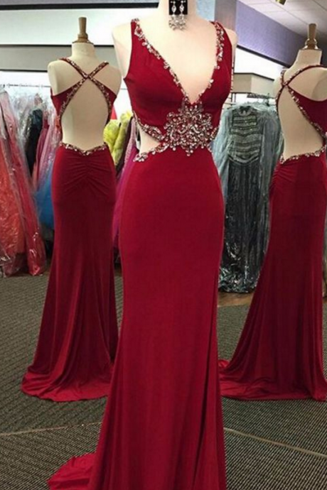 Chiffon Prom Dress,backless Prom Dress,red Beaded Evening Dress,long Evening Dresses,women Dress