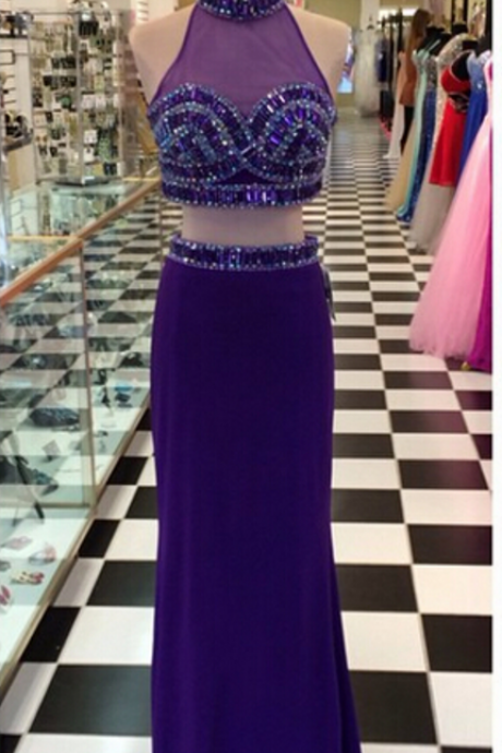 Purple Two Pieces Satin Prom Dresses Beaded Crystals Keyhole Back Formal Evening Party Dresses Gowns Vestidos